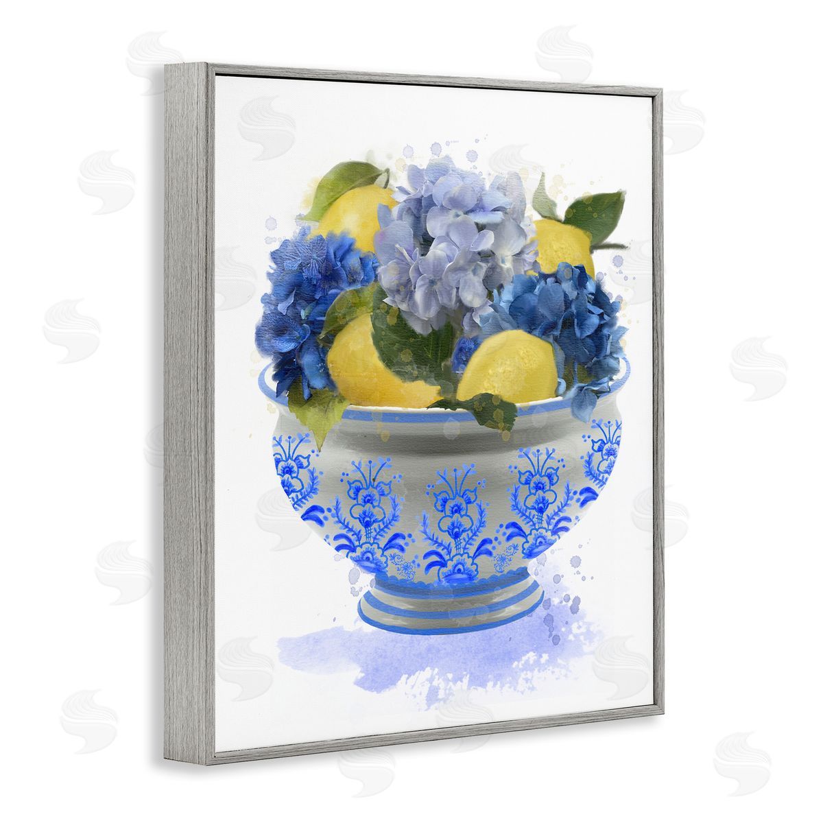 Hydrangea & Lemon Bowl Grey Frame Print Wall Art, Home Decor by Matthew Piotrowicz