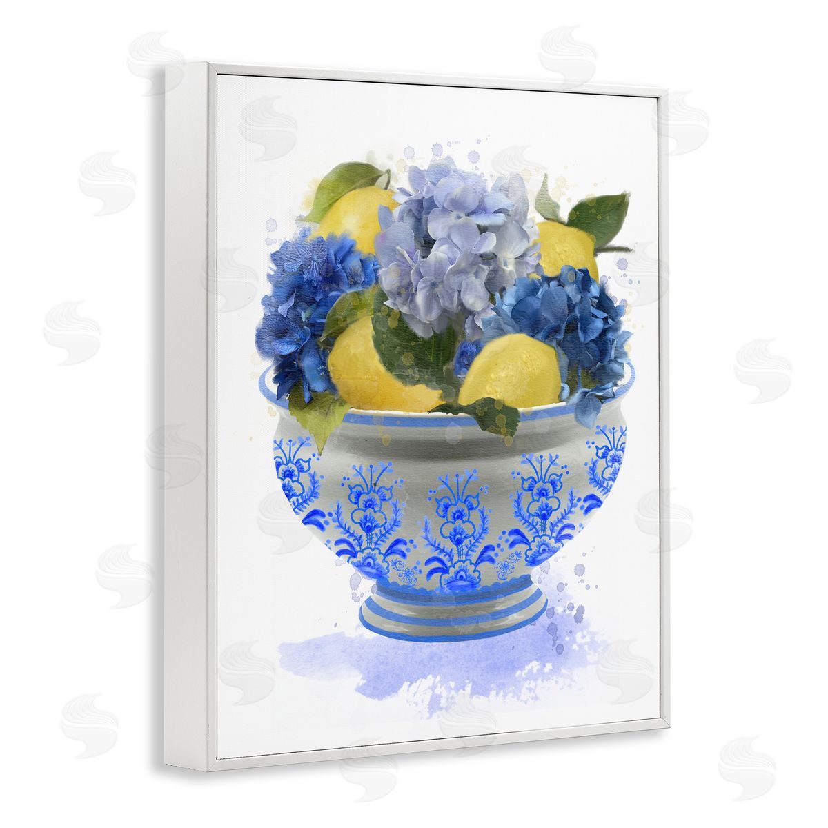 Hydrangea & Lemon Bowl White Frame Print Wall Art, Home Decor by Matthew Piotrowicz