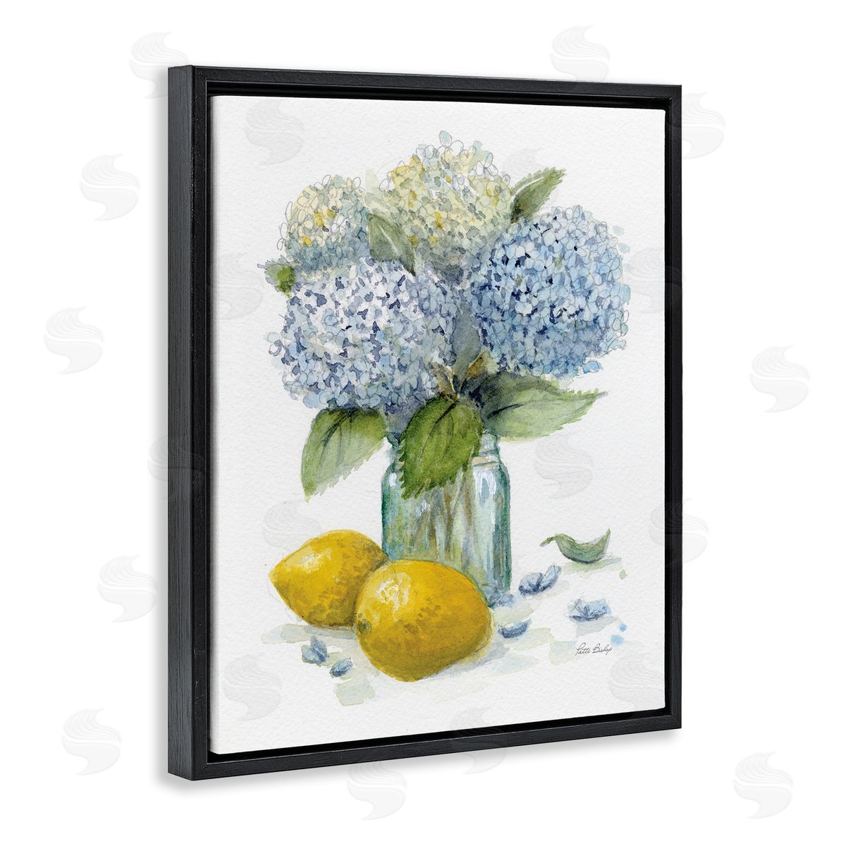 Hydrangeas & Lemons Vase Black Floating Frame Canvas Wall Art, Home Decor by Patti Bishop