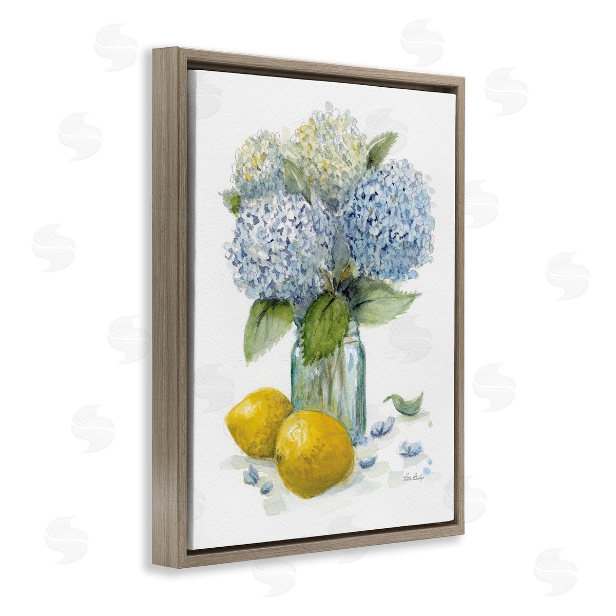 Hydrangeas & Lemons Vase Brown Floating Frame Canvas Wall Art, Home Decor by Patti Bishop