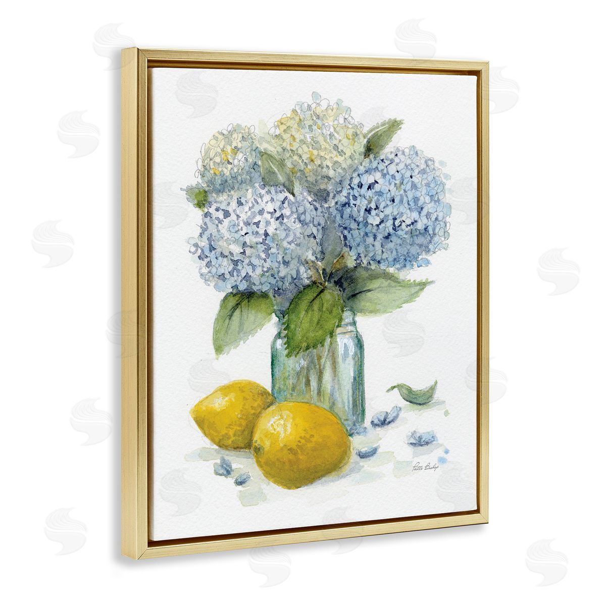 Hydrangeas & Lemons Vase Gold Floating Frame Canvas Wall Art, Home Decor by Patti Bishop
