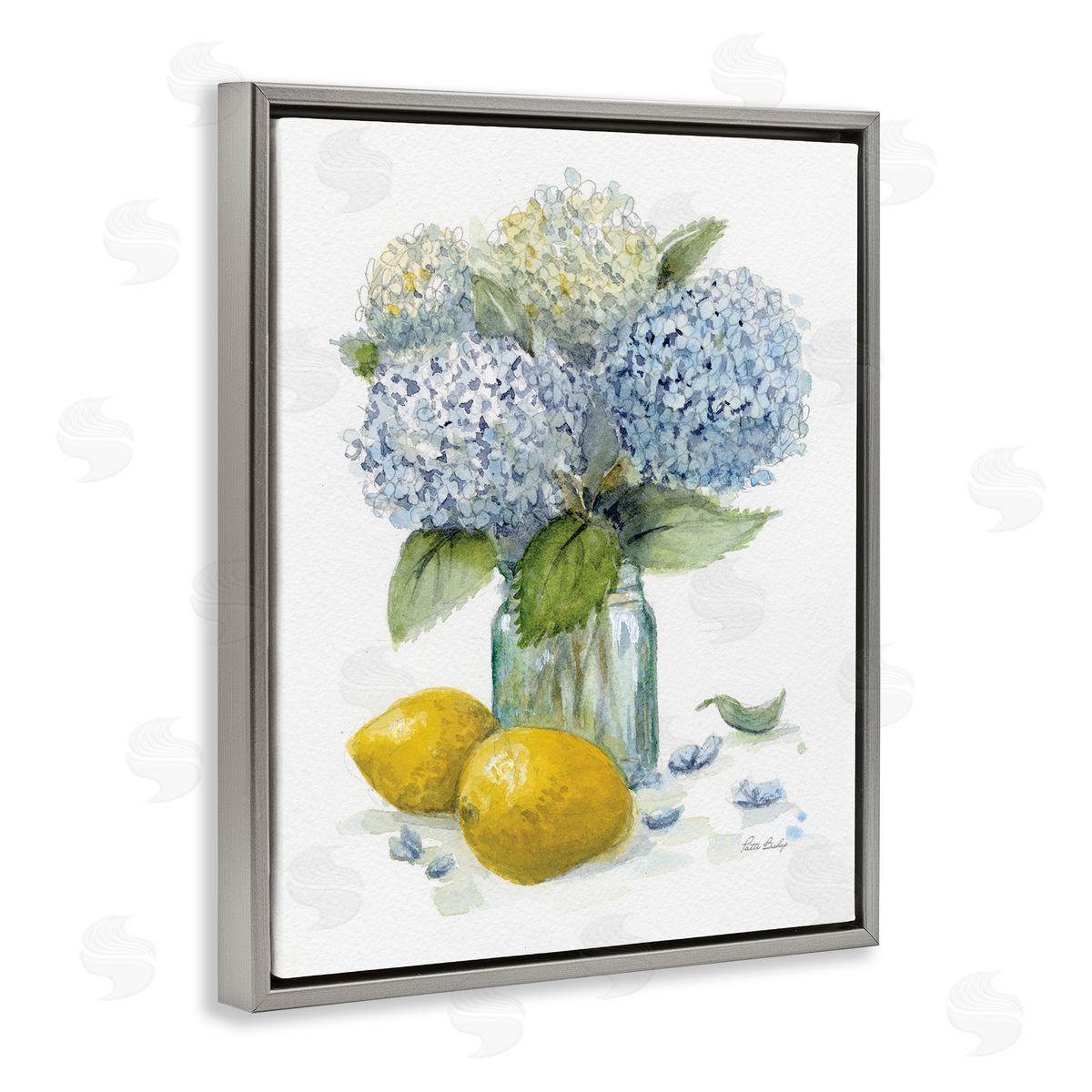 Hydrangeas & Lemons Vase Grey Floating Frame Canvas Wall Art, Home Decor by Patti Bishop