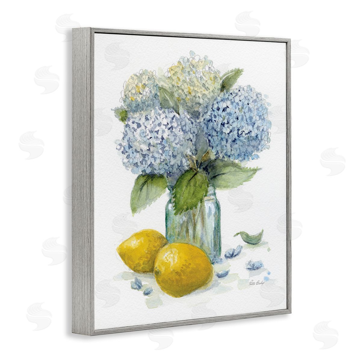 Hydrangeas & Lemons Vase Grey Frame Print Wall Art, Home Decor by Patti Bishop