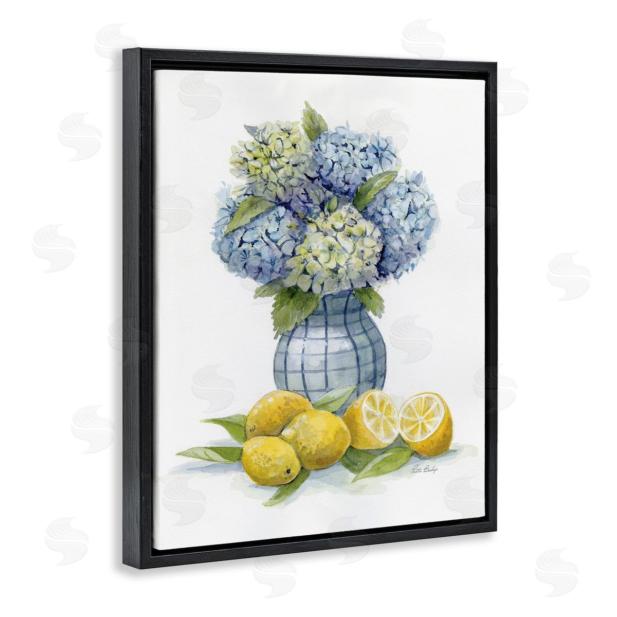 Hydrangeas & Lemon Cluster Black Floating Frame Canvas Wall Art, Home Decor by Patti Bishop