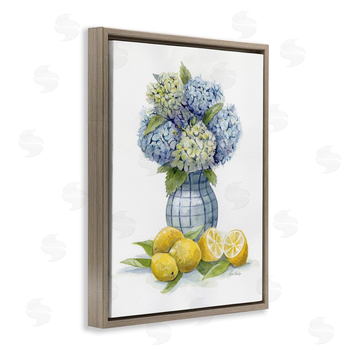 Hydrangeas & Lemon Cluster Brown Floating Frame Canvas Wall Art, Home Decor by Patti Bishop