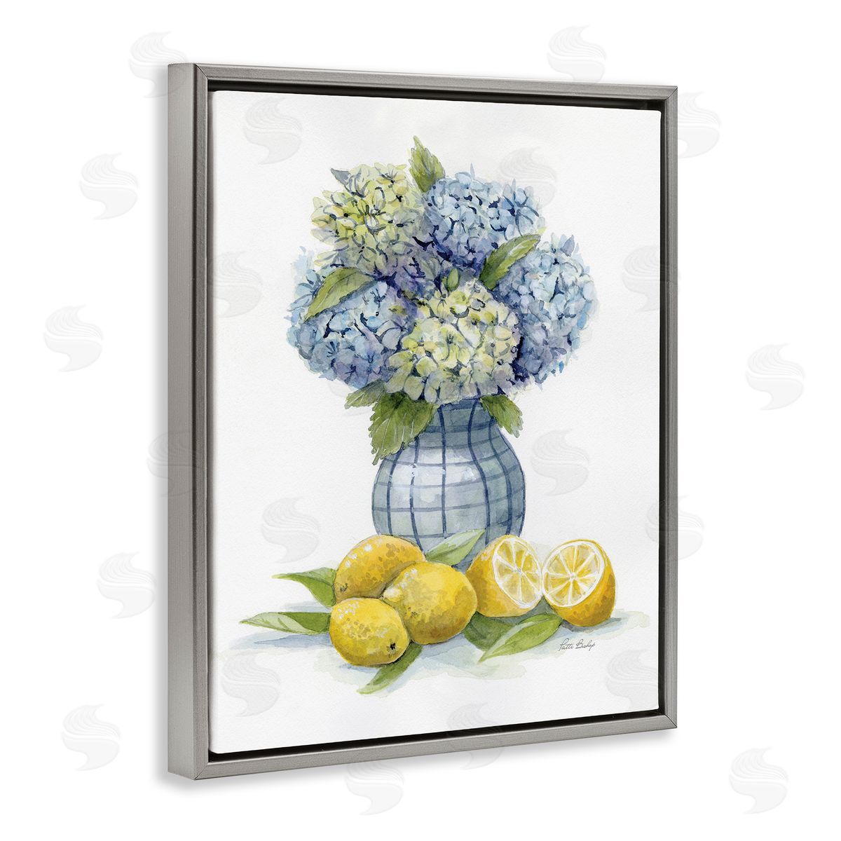 Hydrangeas & Lemon Cluster Grey Floating Frame Canvas Wall Art, Home Decor by Patti Bishop