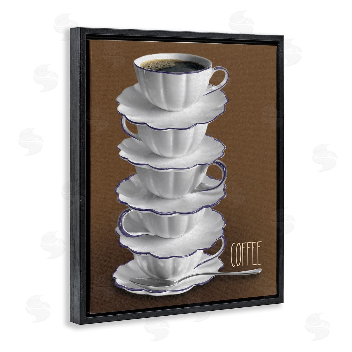 Stacked Teacups with Coffee Black Floating Frame Canvas Wall Art, Home Decor by Matthew Piotrowicz