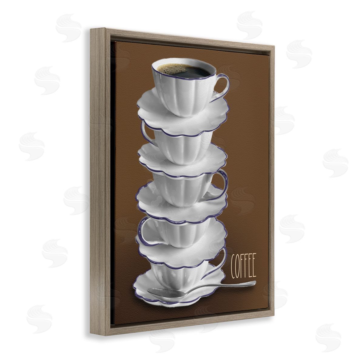 Stacked Teacups with Coffee Brown Floating Frame Canvas Wall Art, Home Decor by Matthew Piotrowicz