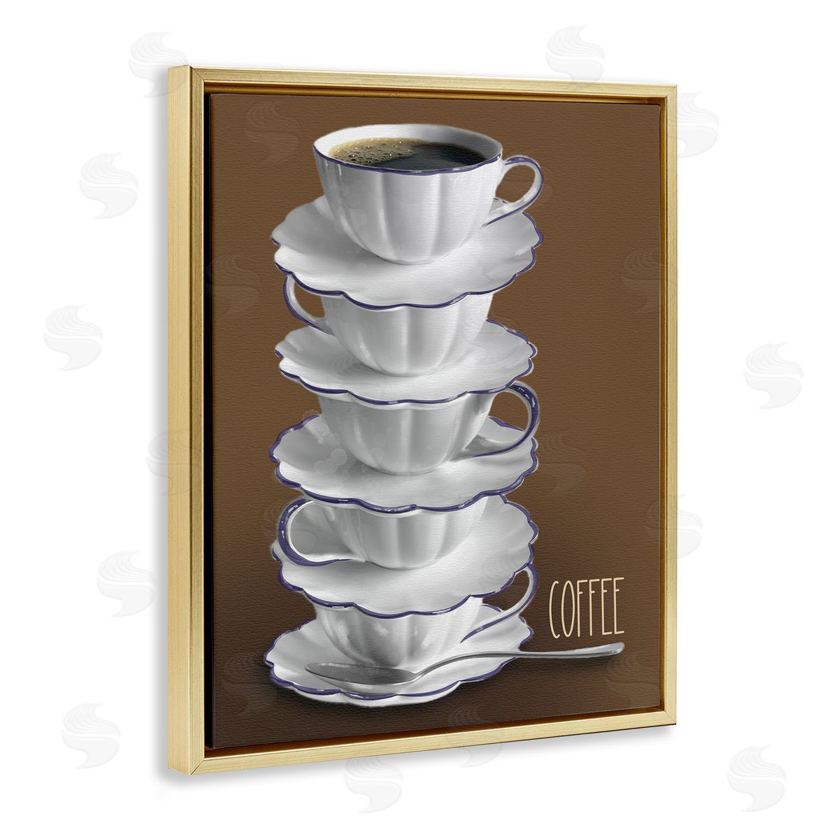 Stacked Teacups with Coffee Gold Floating Frame Canvas Wall Art, Home Decor by Matthew Piotrowicz