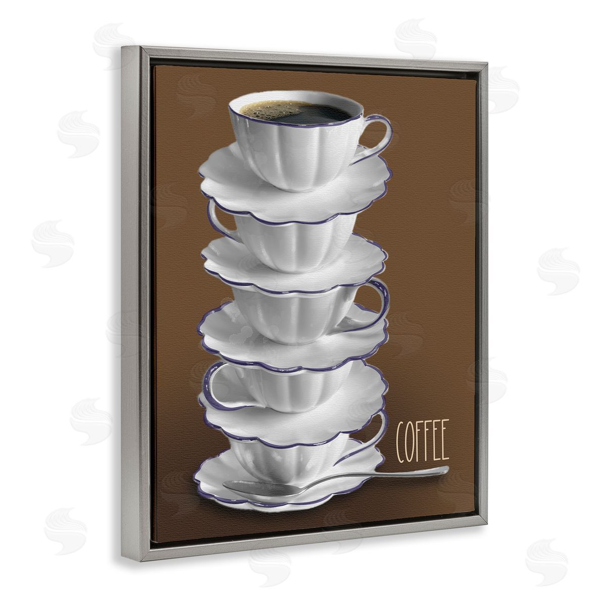 Stacked Teacups with Coffee Grey Floating Frame Canvas Wall Art, Home Decor by Matthew Piotrowicz