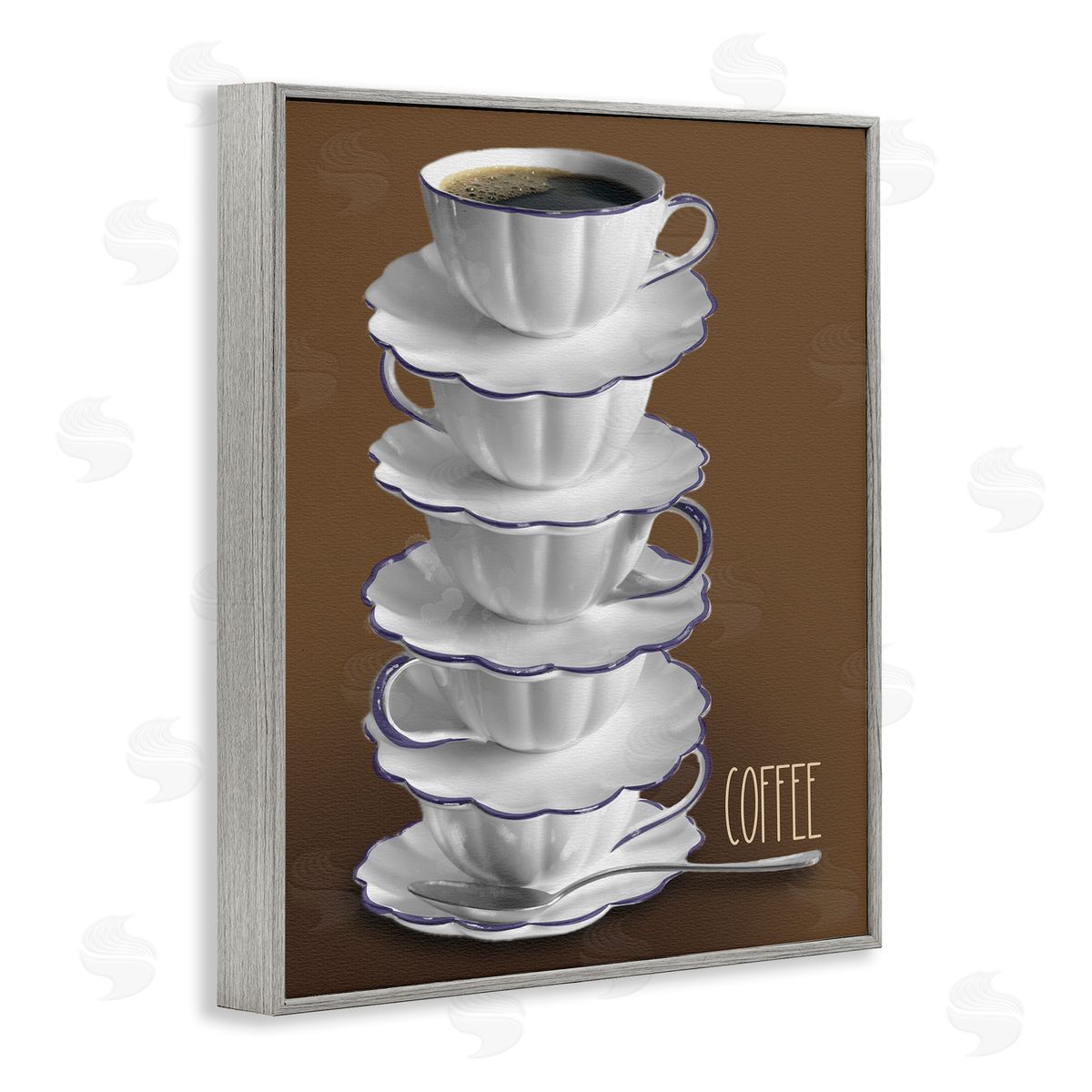 Stacked Teacups with Coffee Grey Frame Print Wall Art, Home Decor by Matthew Piotrowicz