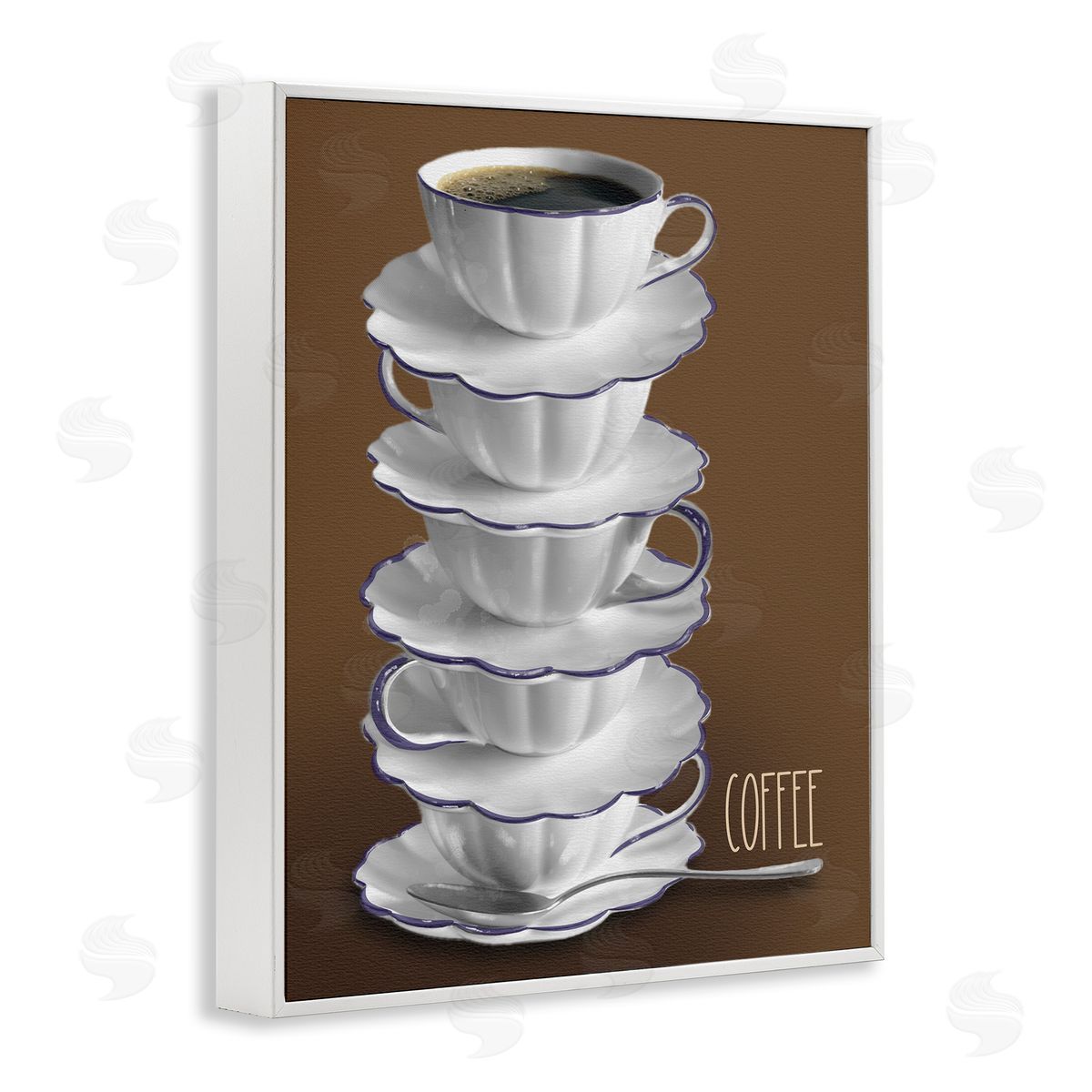 Stacked Teacups with Coffee White Frame Print Wall Art, Home Decor by Matthew Piotrowicz
