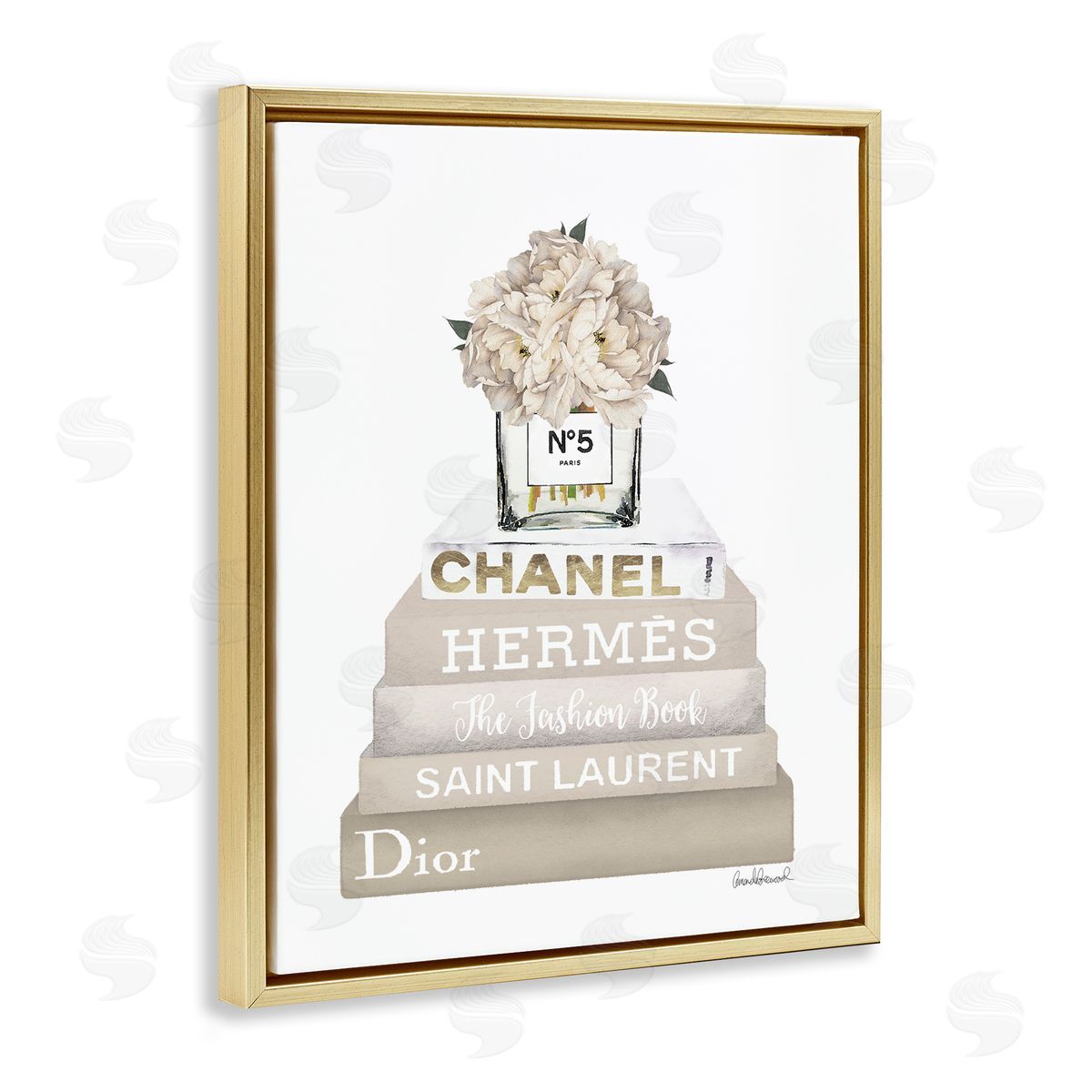 Neutral Bookstack Fashion Gold Floating Frame Canvas Wall Art, Home Decor by Amanda Greenwood