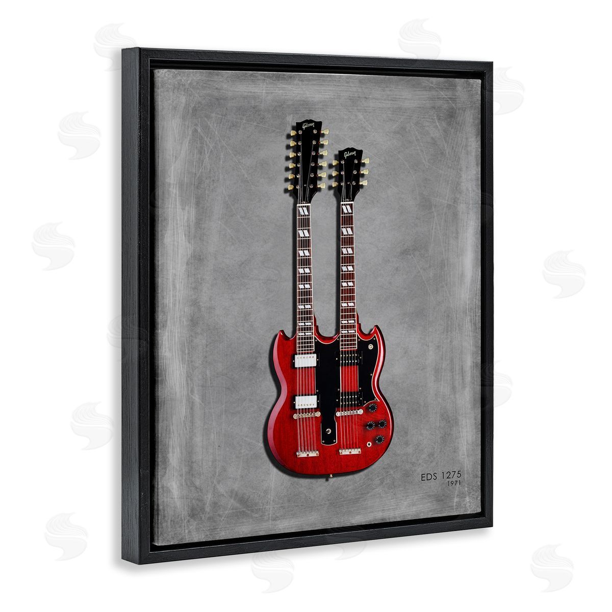 Red Double Neck Guitar Black Floating Frame Canvas Wall Art, Home Decor by Mark Rogan