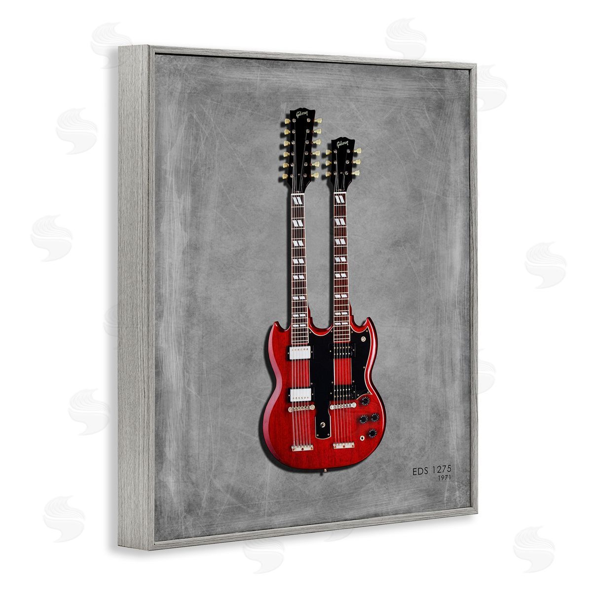 Red Double Neck Guitar Grey Frame Print Wall Art, Home Decor by Mark Rogan