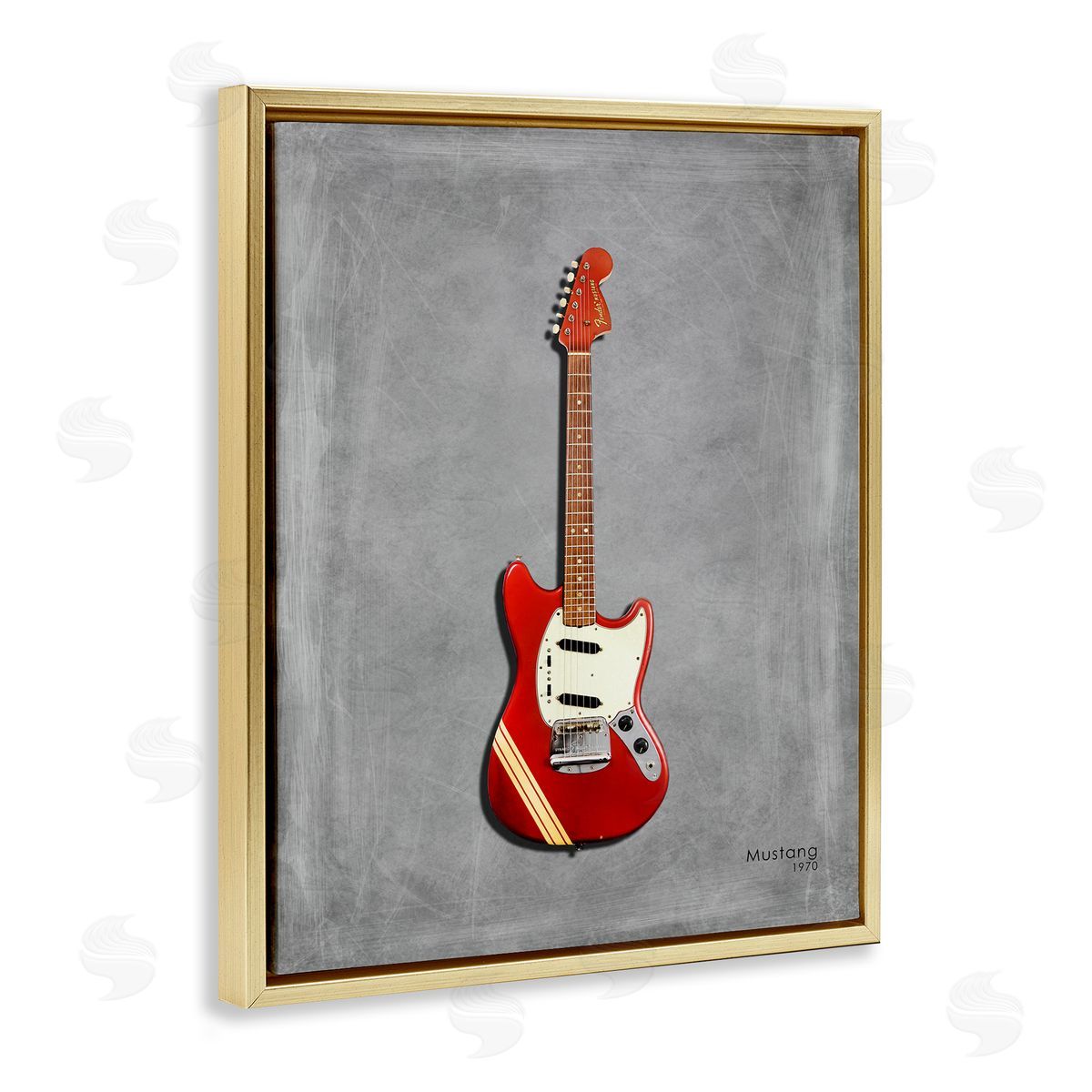 Red Guitar on Grey Gold Floating Frame Canvas Wall Art, Home Decor by Mark Rogan