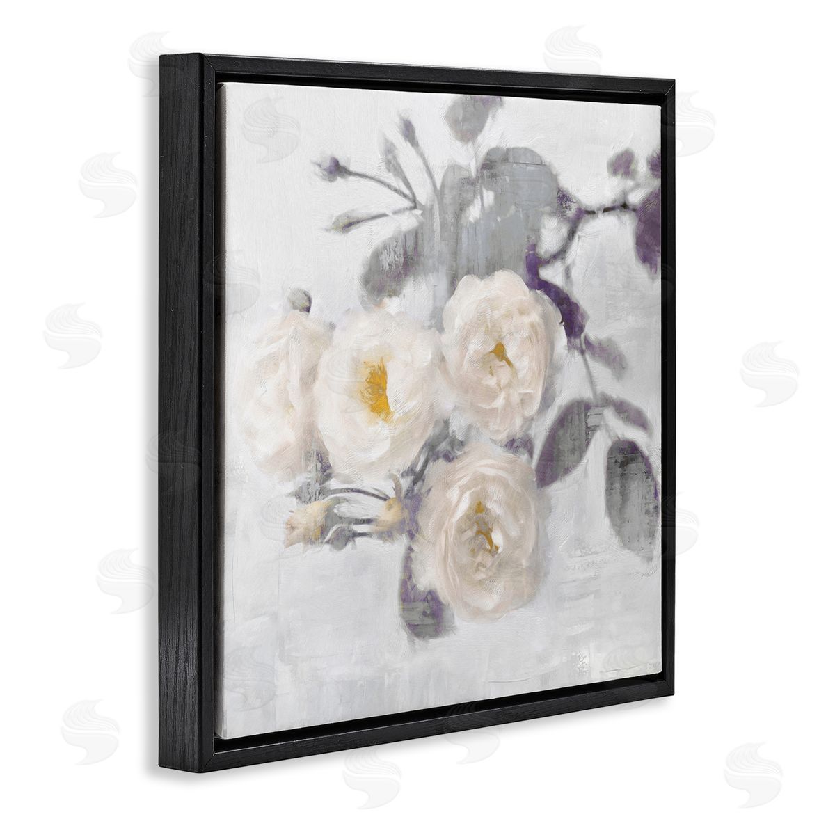 White Blooms on Grey Black Floating Frame Canvas Wall Art, Home Decor by Emily Ford