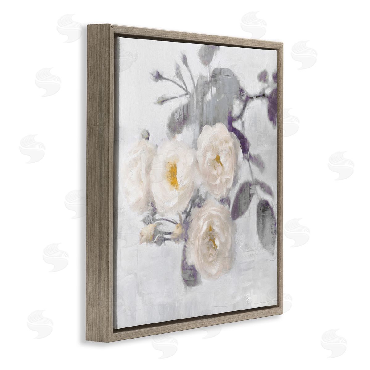 White Blooms on Grey Brown Floating Frame Canvas Wall Art, Home Decor by Emily Ford