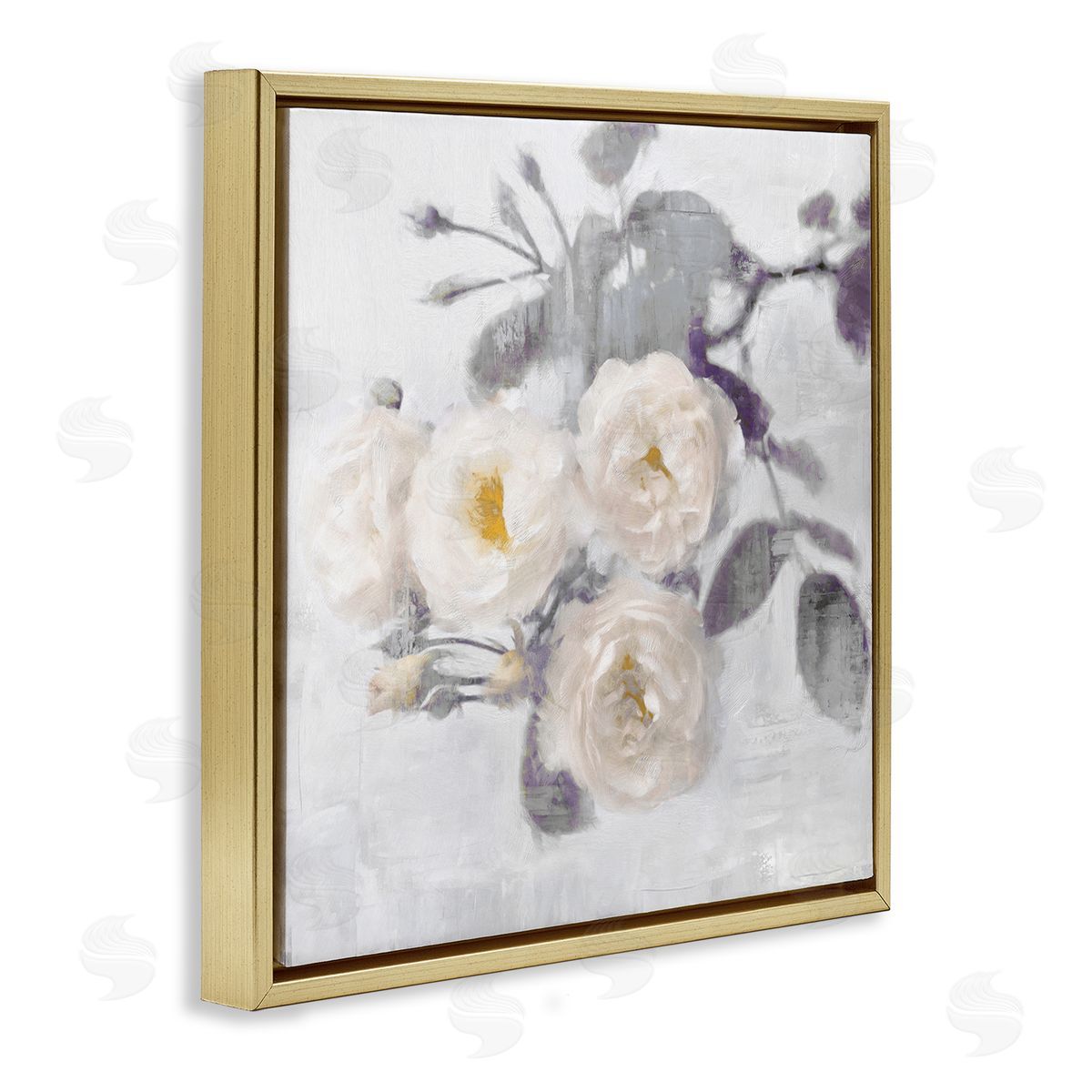 White Blooms on Grey Gold Floating Frame Canvas Wall Art, Home Decor by Emily Ford