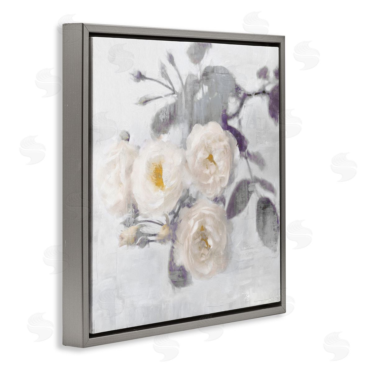 White Blooms on Grey Grey Floating Frame Canvas Wall Art, Home Decor by Emily Ford