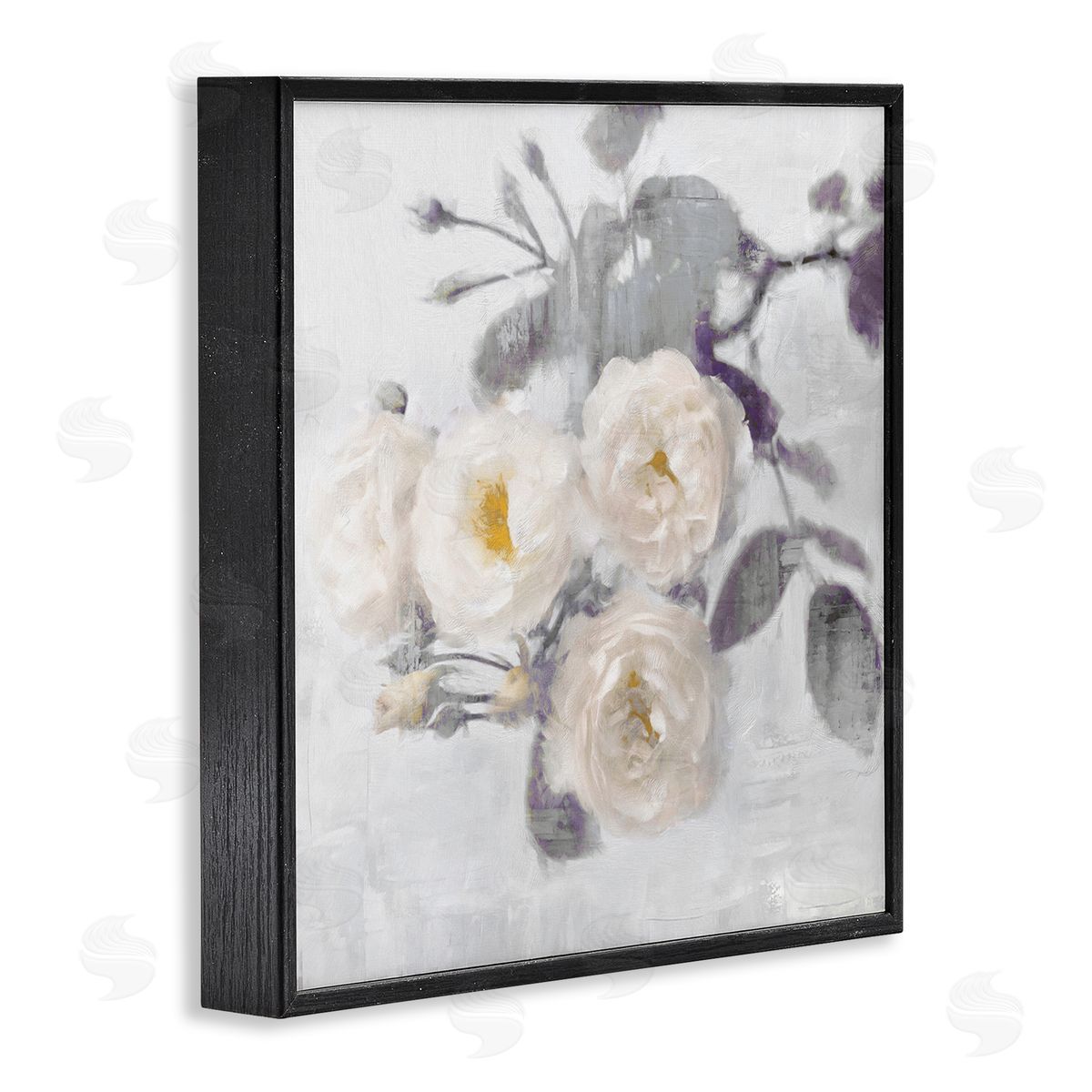 White Blooms on Grey Black Frame Print Wall Art, Home Decor by Emily Ford