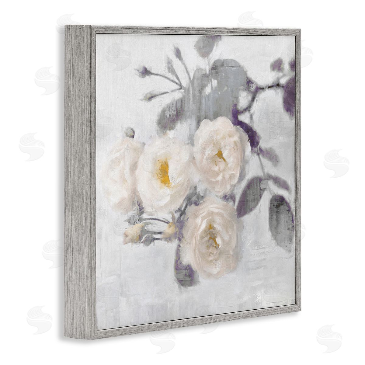 White Blooms on Grey Grey Frame Print Wall Art, Home Decor by Emily Ford