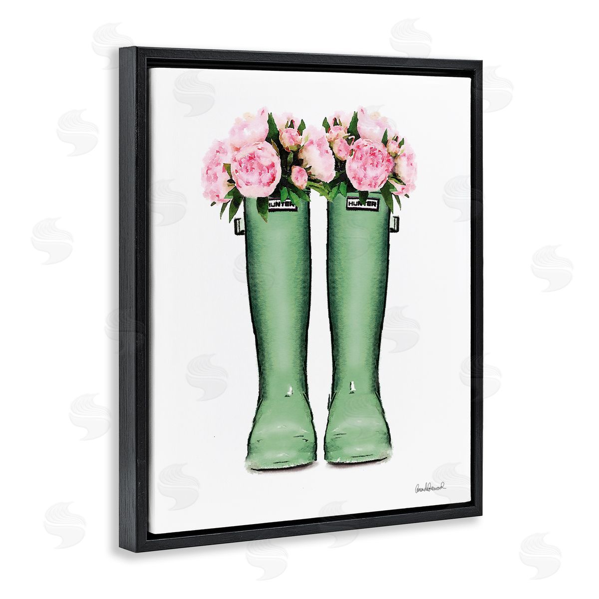 Country Boots with Peonies Black Floating Frame Canvas Wall Art, Home Decor by Amanda Greenwood