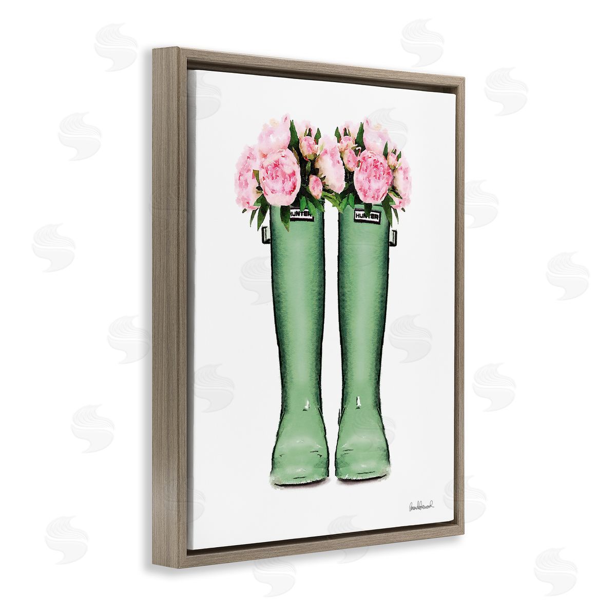 Country Boots with Peonies Brown Floating Frame Canvas Wall Art, Home Decor by Amanda Greenwood
