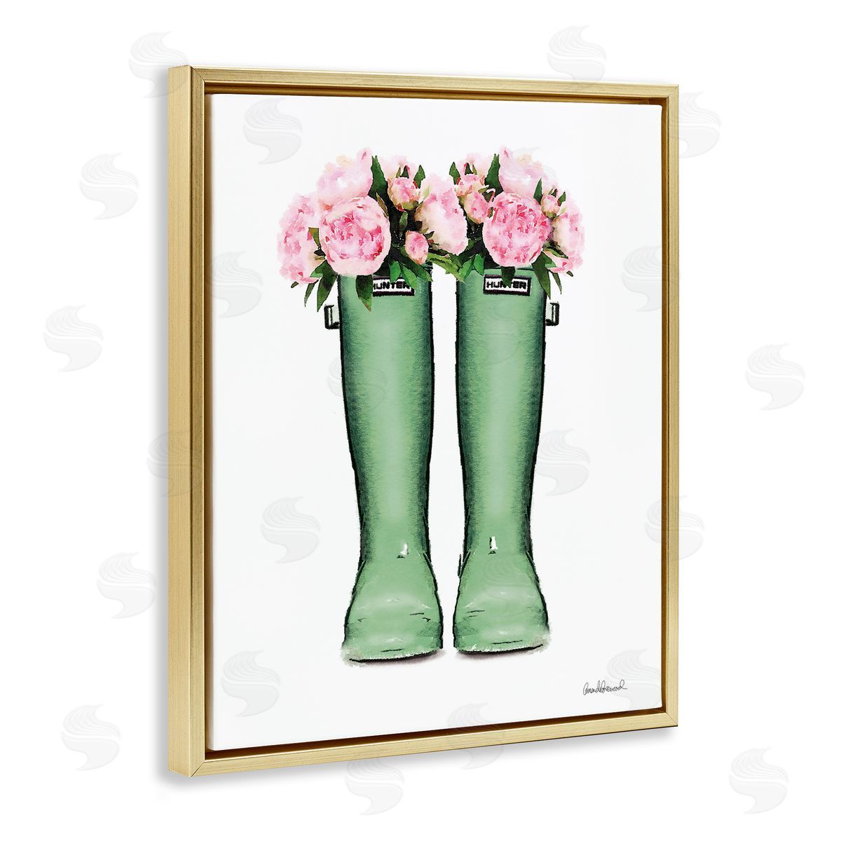 Country Boots with Peonies Gold Floating Frame Canvas Wall Art, Home Decor by Amanda Greenwood