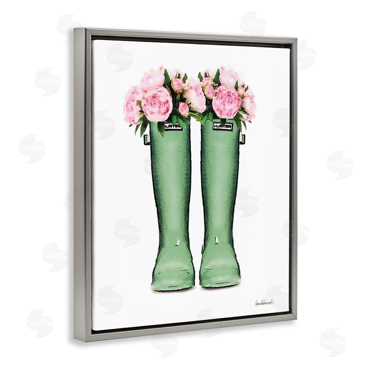 Country Boots with Peonies Grey Floating Frame Canvas Wall Art, Home Decor by Amanda Greenwood