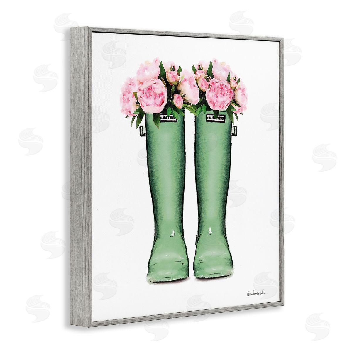 Country Boots with Peonies Grey Frame Print Wall Art, Home Decor by Amanda Greenwood