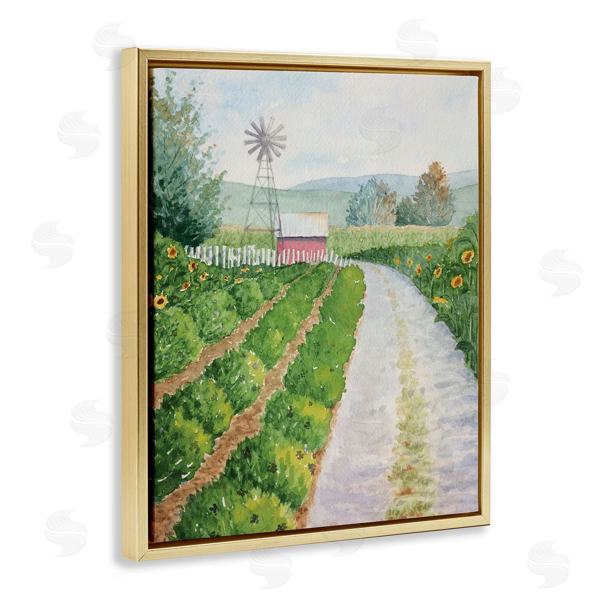 Tranquil Farm Path Gold Floating Frame Canvas Wall Art, Home Decor by Stephanie Fielden
