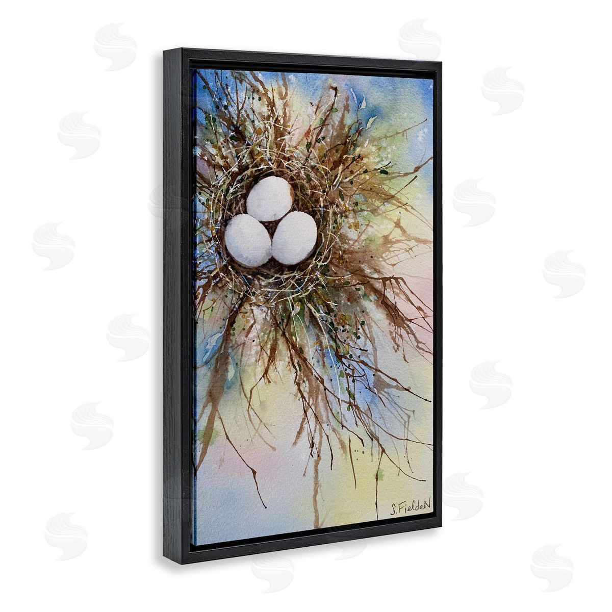 Modern Watercolor Bird Nest Black Floating Frame Canvas Wall Art, Home Decor by Stephanie Fielden