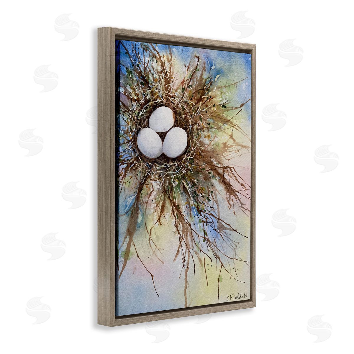 Modern Watercolor Bird Nest Brown Floating Frame Canvas Wall Art, Home Decor by Stephanie Fielden