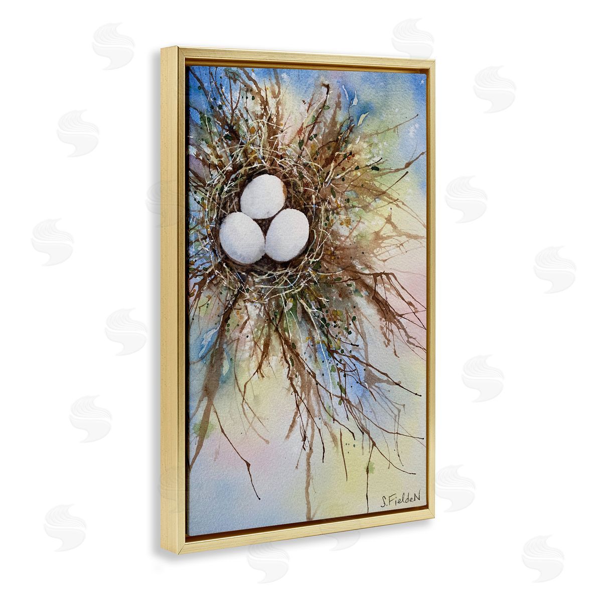Modern Watercolor Bird Nest Gold Floating Frame Canvas Wall Art, Home Decor by Stephanie Fielden