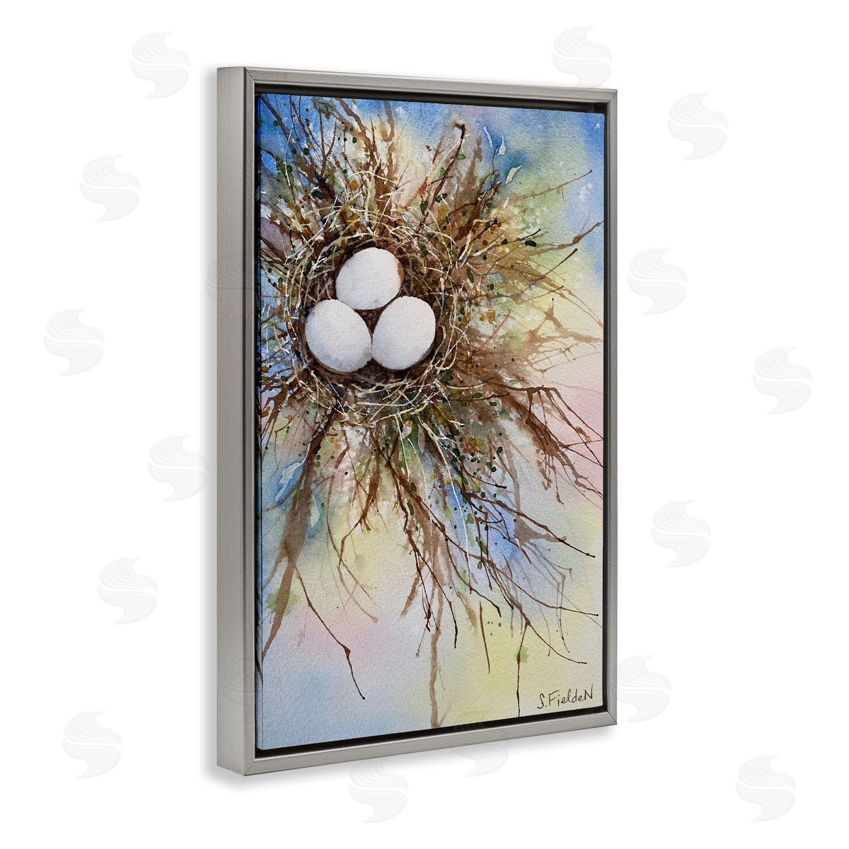 Modern Watercolor Bird Nest Grey Floating Frame Canvas Wall Art, Home Decor by Stephanie Fielden