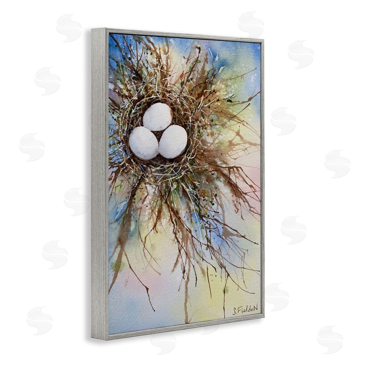 Modern Watercolor Bird Nest Grey Frame Print Wall Art, Home Decor by Stephanie Fielden