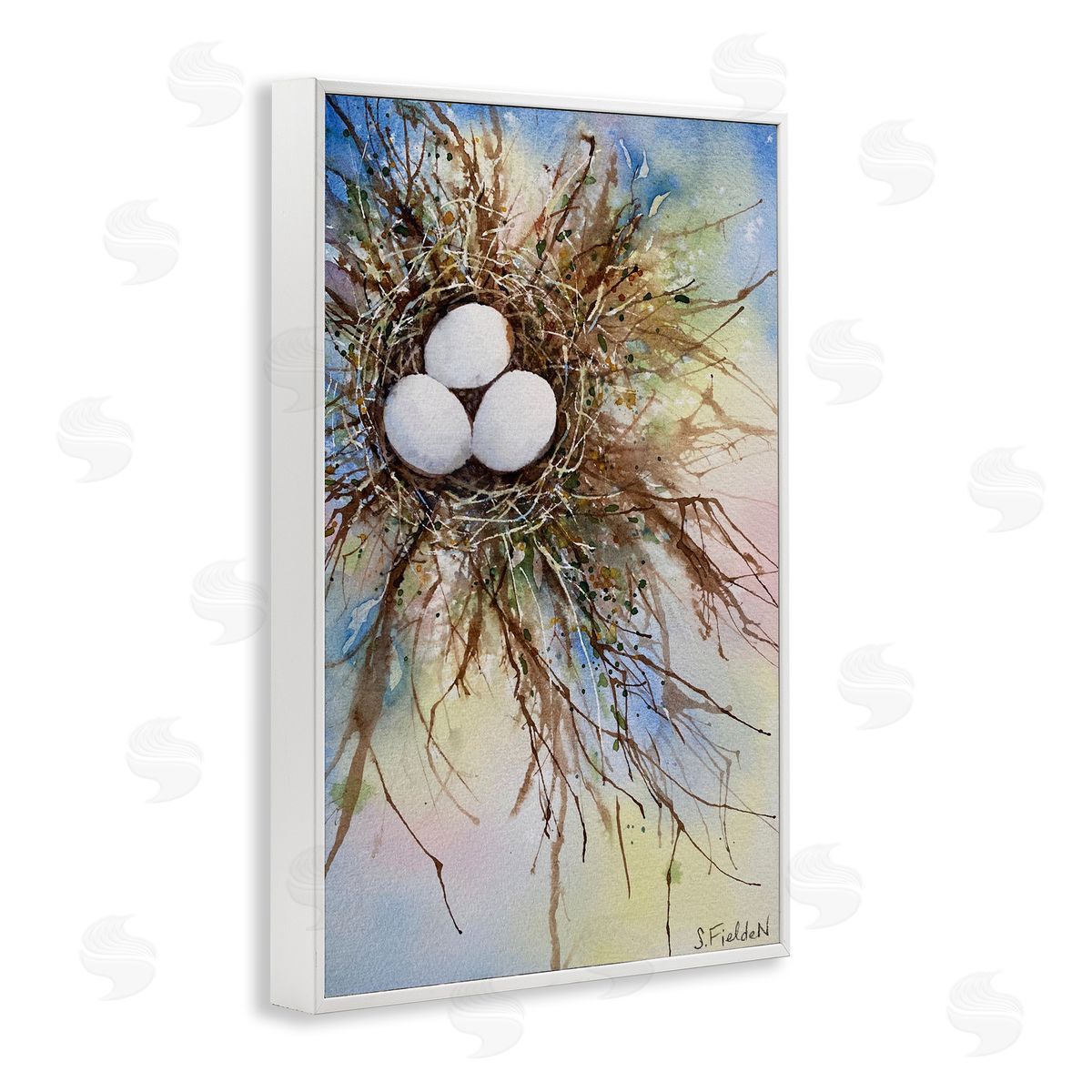 Modern Watercolor Bird Nest White Frame Print Wall Art, Home Decor by Stephanie Fielden