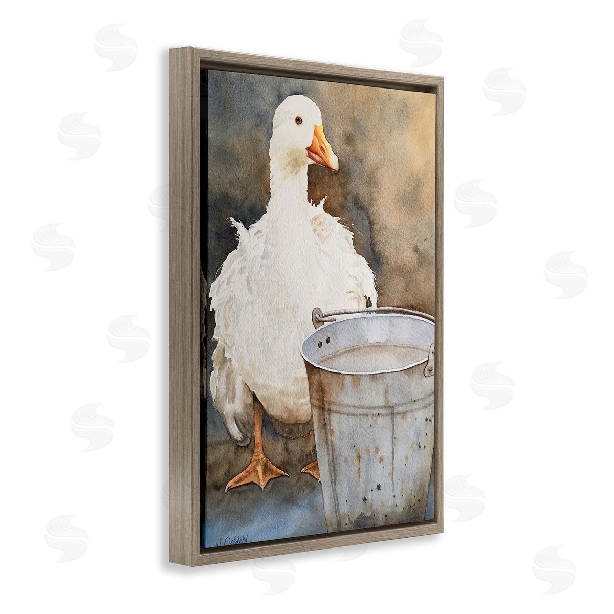 Duck & Country Pail Brown Floating Frame Canvas Wall Art, Home Decor by Stephanie Fielden