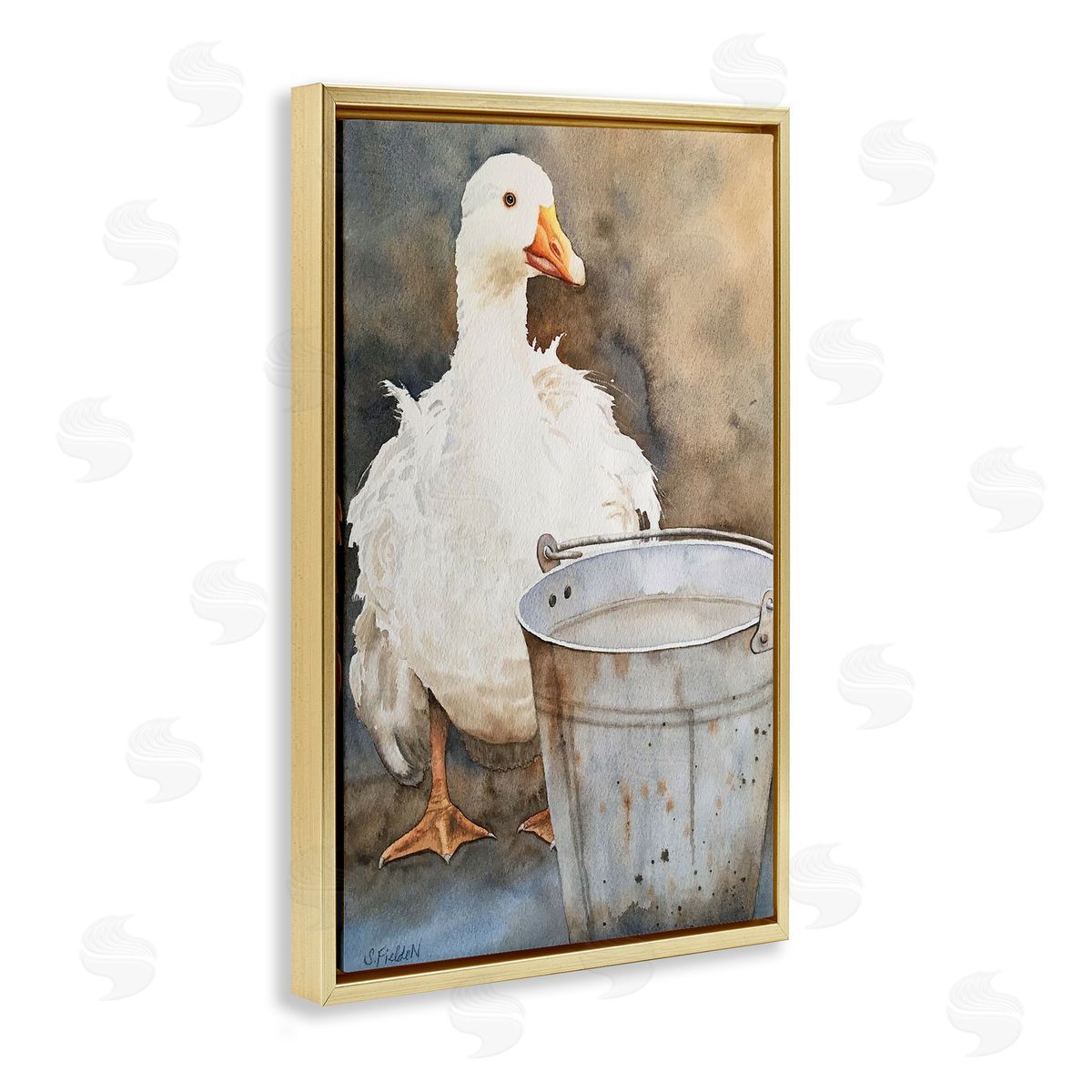Duck & Country Pail Gold Floating Frame Canvas Wall Art, Home Decor by Stephanie Fielden