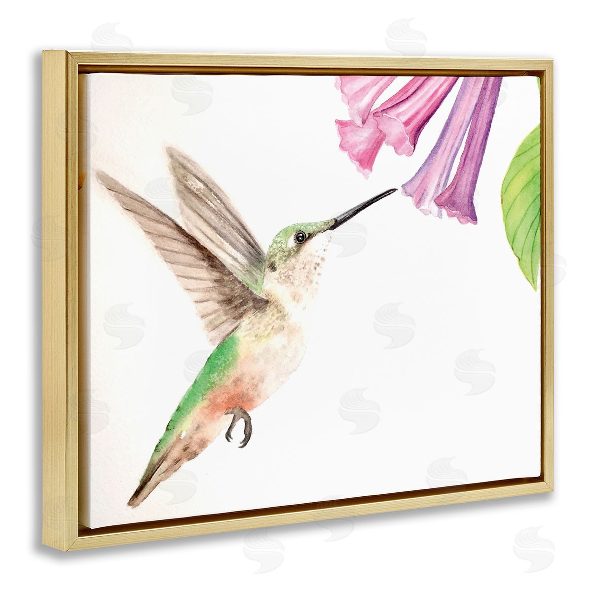 Hummingbird & Bluebell Flower Gold Floating Frame Canvas Wall Art, Home Decor by Stephanie Fielden