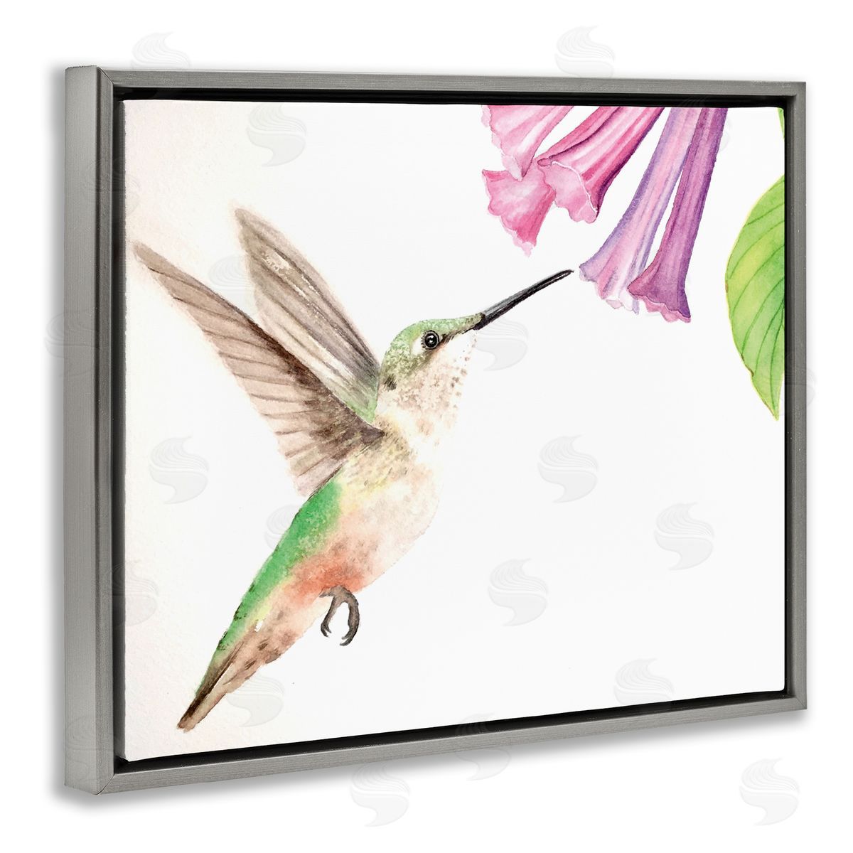 Hummingbird & Bluebell Flower Grey Floating Frame Canvas Wall Art, Home Decor by Stephanie Fielden