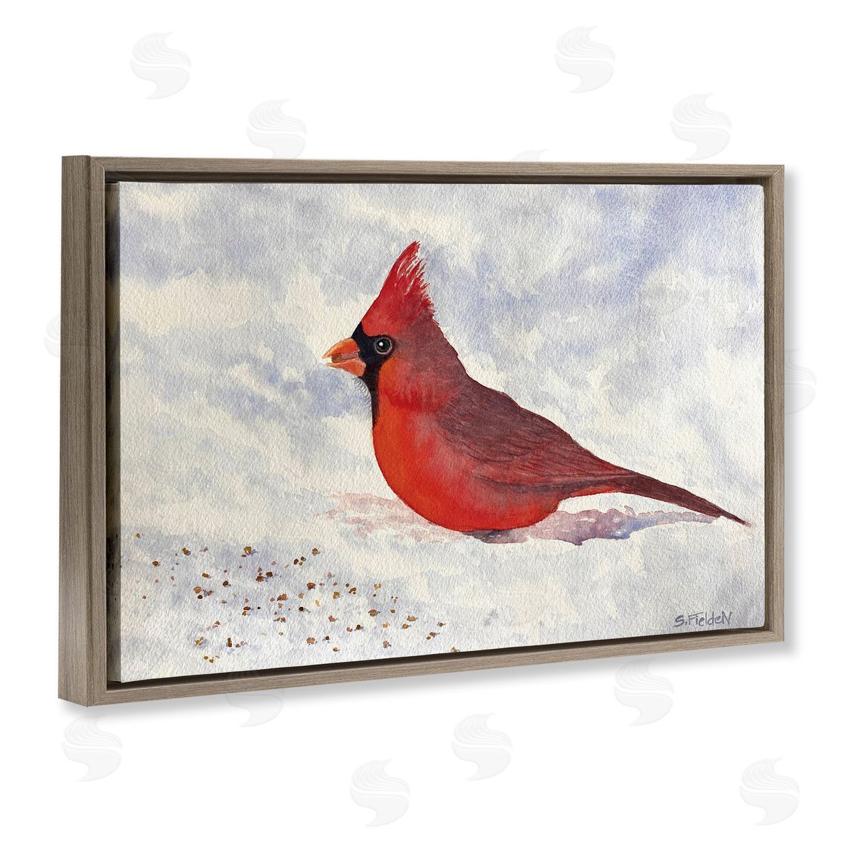 Red Cardinal in Snow Brown Floating Frame Canvas Wall Art, Home Decor by Stephanie Fielden