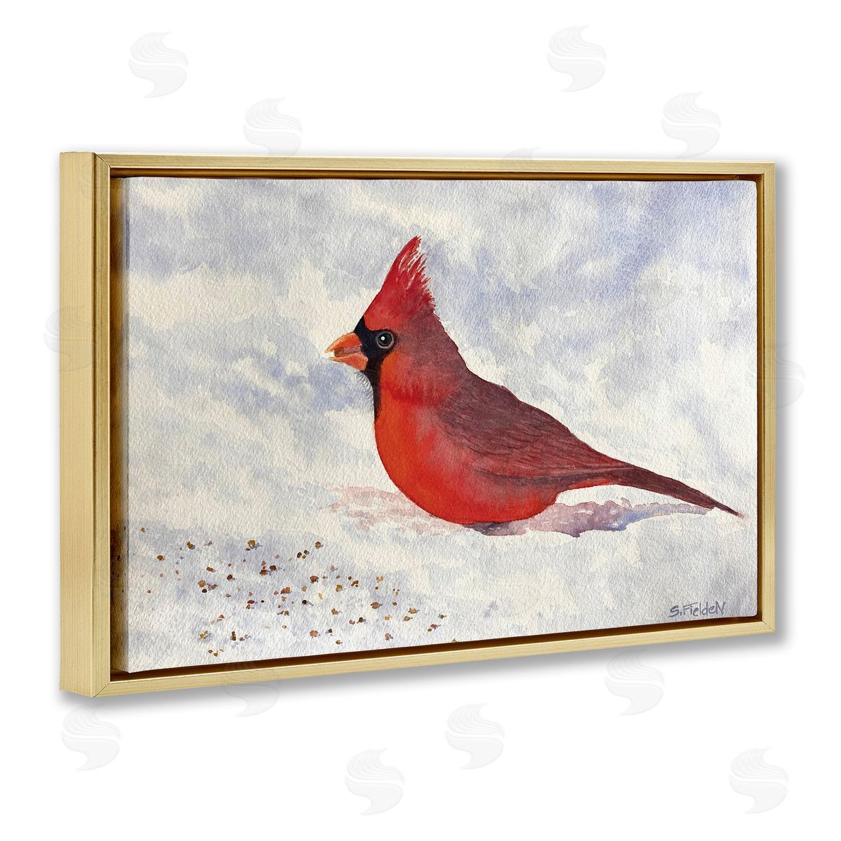Red Cardinal in Snow Gold Floating Frame Canvas Wall Art, Home Decor by Stephanie Fielden