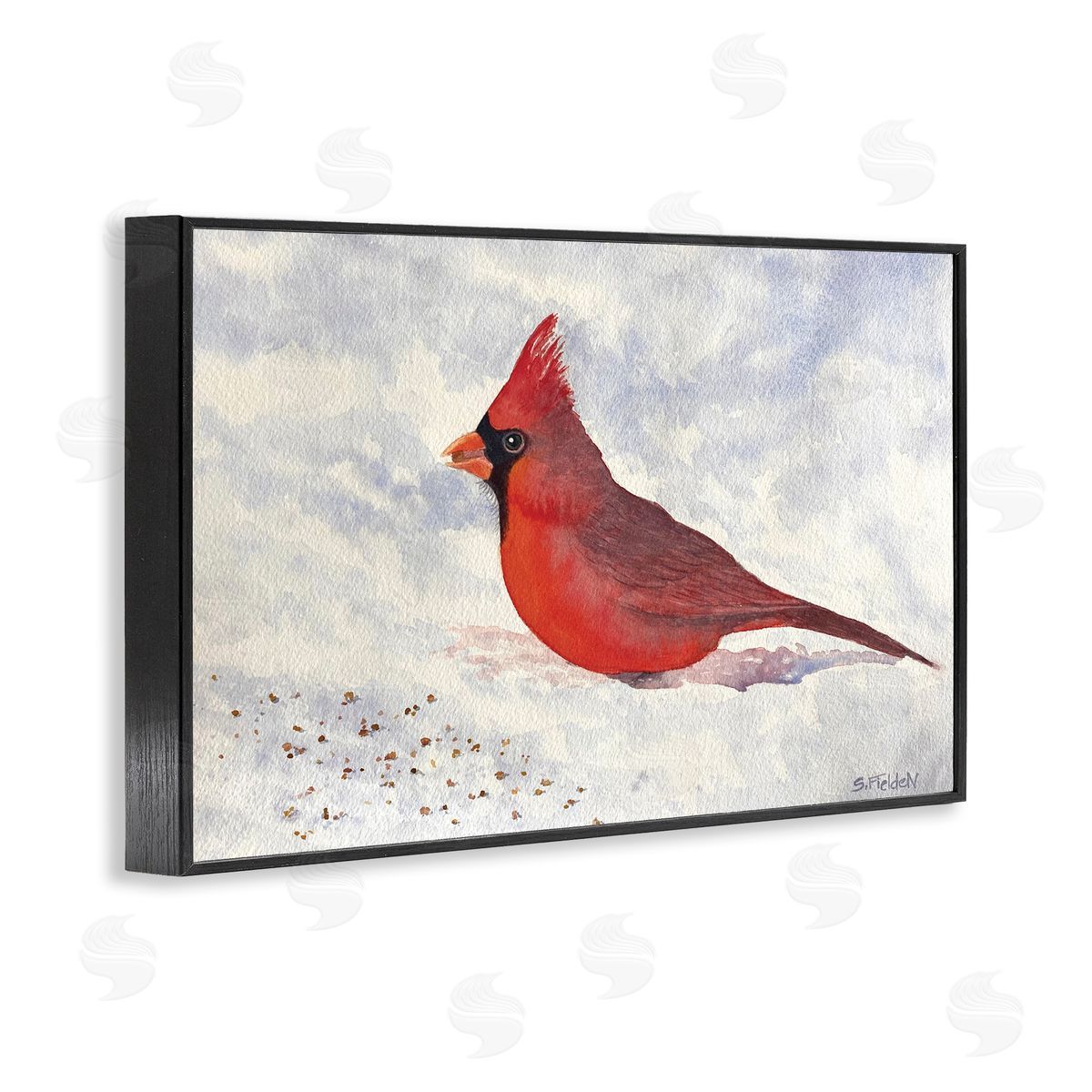 Red Cardinal in Snow Black Frame Print Wall Art, Home Decor by Stephanie Fielden