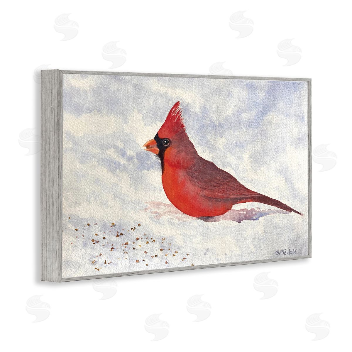 Red Cardinal in Snow Grey Frame Print Wall Art, Home Decor by Stephanie Fielden