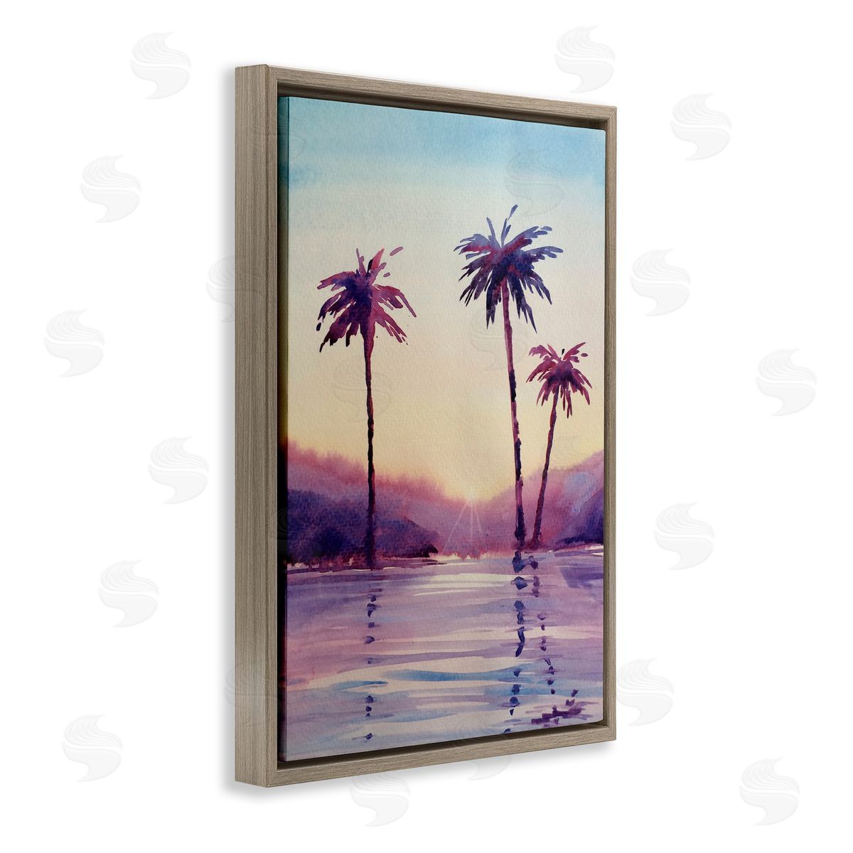 Purple Hued Palm Trees Brown Floating Frame Canvas Wall Art, Home Decor by Stephanie Fielden