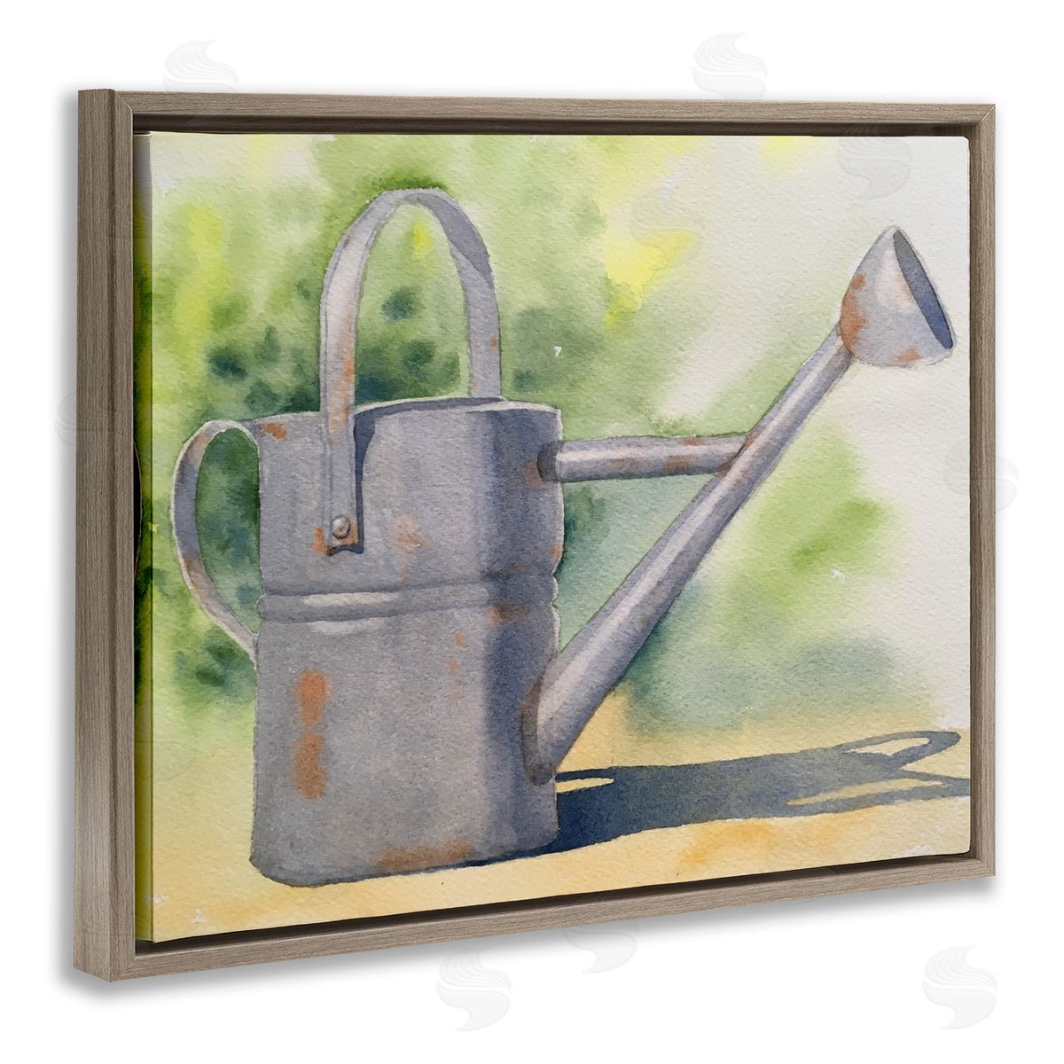 Country Watering Can in Garden Brown Floating Frame Canvas Wall Art, Home Decor by Stephanie Fielden