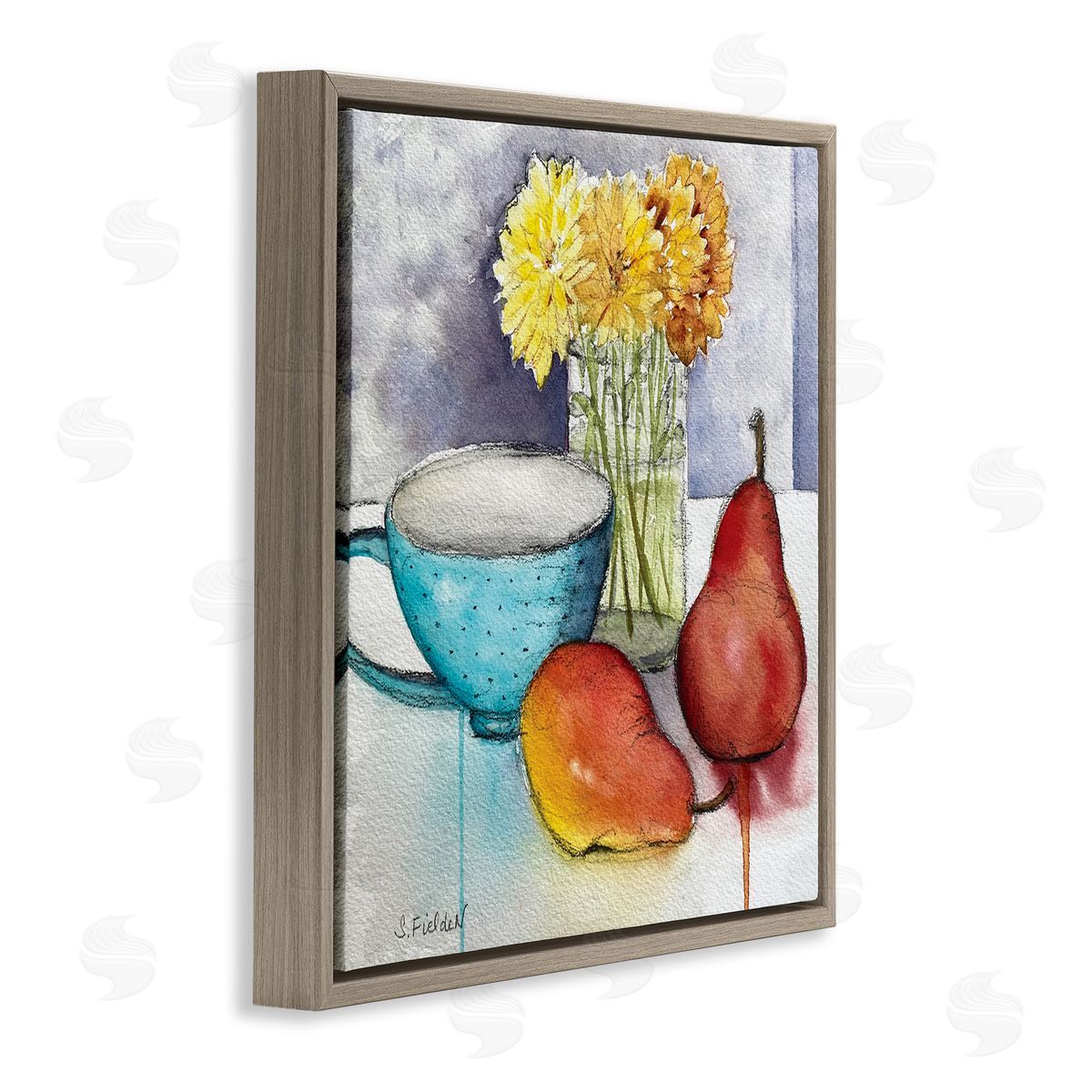 Modern Kitchen Teacup & Fruit Brown Floating Frame Canvas Wall Art, Home Decor by Stephanie Fielden