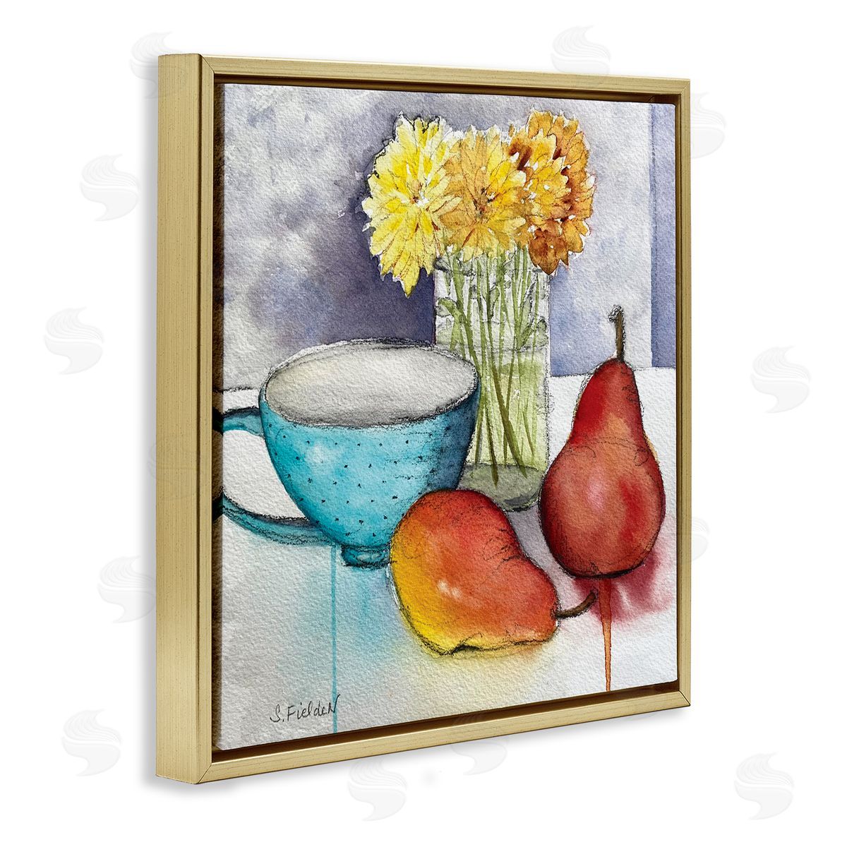 Modern Kitchen Teacup & Fruit Gold Floating Frame Canvas Wall Art, Home Decor by Stephanie Fielden